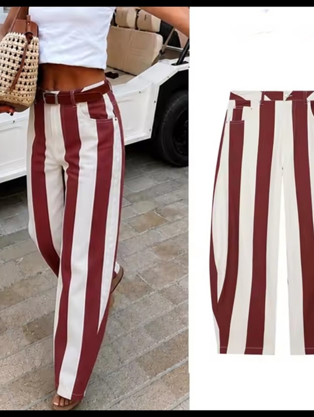 Striped Wide-Leg Pants in Burgundy & White